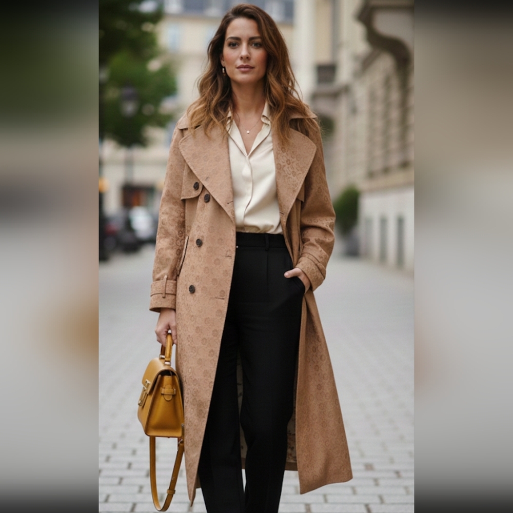 1970s Karen Scott Tan Monogram Trench Coat. Missing One Button